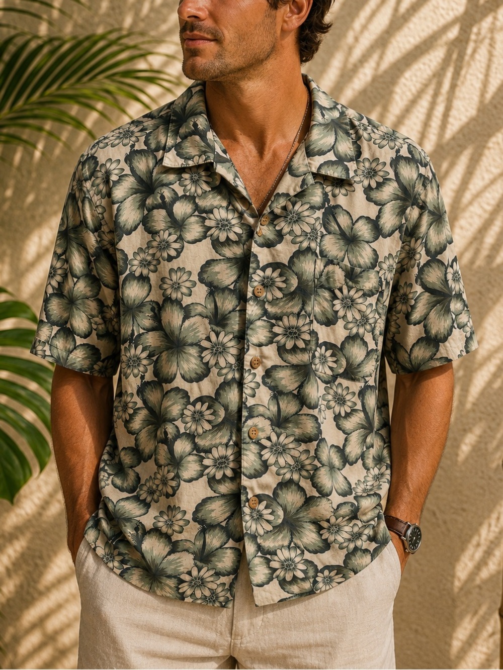 Vintage Tommy Bahama Hawaiian Green Floral Button-up Short Sleeve Shirt Mens M